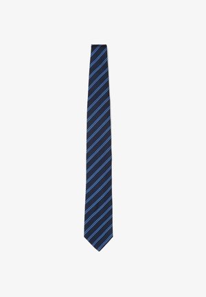 Cravate navy avec des rayures diagonales bleu clair, en tissu. Design slim et texture lisse. Pointe pointue sans embellissements supplémentaires.