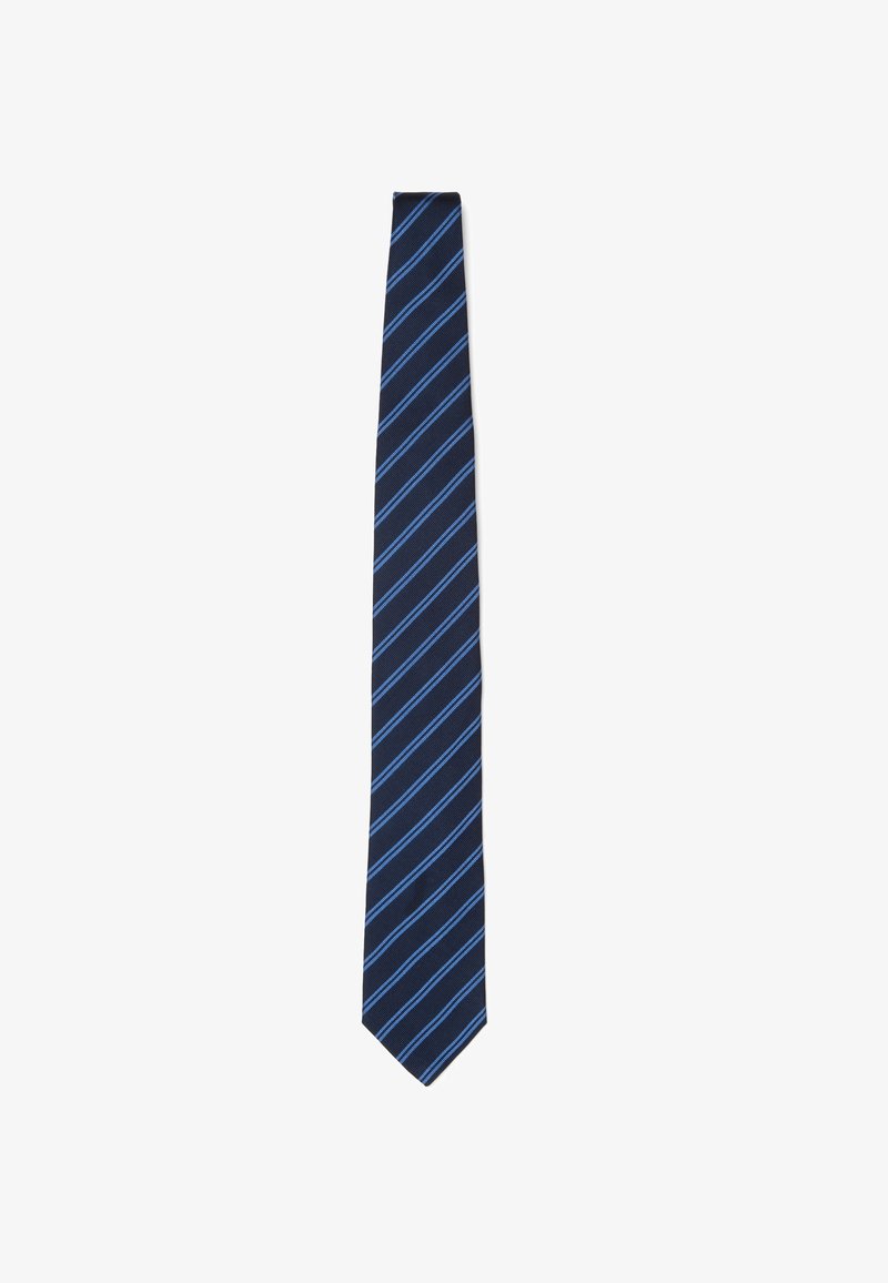 Corbata navy con rayas diagonales en azul claro, hecha de tela. Diseño delgado y textura suave. Punta afilada sin adornos adicionales.