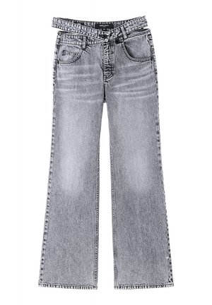 Wide-leg, high-waisted jeans in light gray denim. Features front pockets, belt loops, and a button closure. Distressed texture with faded areas.