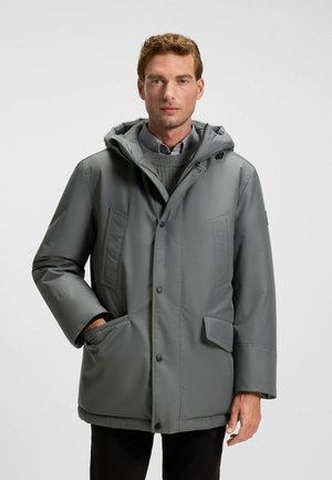 Graue isolierte Parka mit Kapuze, Klappentaschen und Knopfverschluss. Verfügt über eine glatte, glänzende Textur und eine strukturierte Silhouette.