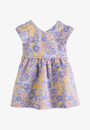 Kurzärmeliges Kleid in Kleinkindgröße mit gerafftem Rock, mit pastellfarbenem Blumenmuster in Lila, Gelb, Pink und Grün auf weißem Hintergrund.