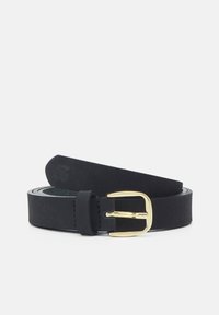 Schwarzer Leder-Gürtel mit glatter Textur, ausgestattet mit einer goldenen Metallschnalle und einer Halteschlaufe. Einfaches Design mit klaren Linien.