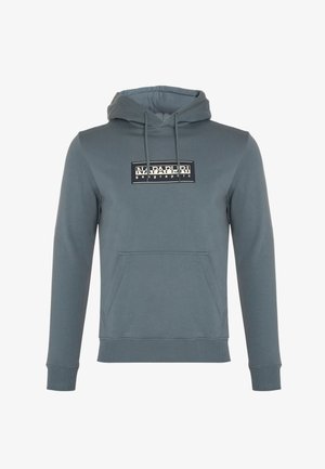 Grijze hoodie van zachte stof, met een kangeroezak aan de voorkant, geribbelde boorden en een logo op de borst.