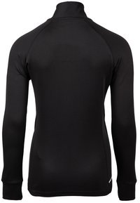 Camiseta atlética negra de manga larga con un cuello alto, confeccionada en tejido elástico. Presenta mangas raglán y un diseño suave y ajustado.