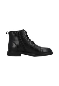 Botas negras de cuero hasta el tobillo con cordones y cremallera lateral. Punta redondeada, superficie texturizada y suela de goma plana. Tacón reforzado y detalles de costura.