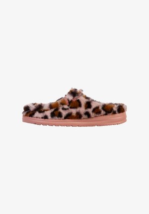 Leopard-mønstret fluffy hjemmesko med en blød tekstur, pink gummisål og et simpelt stropdesign. Velegnet til casual indendørs brug.