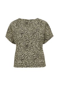 Maglietta a maniche corte, morbida e comoda, di colore verde oliva con una stampa leopardata nera. Tessuto morbido con scollatura arrotondata e silhouette rilassata.