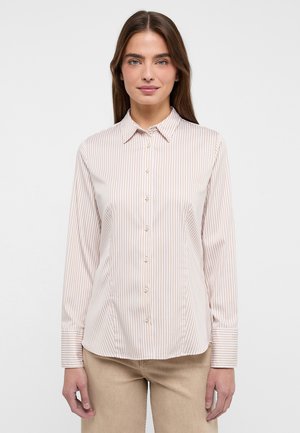 Langarmshirt in lichtbeige met dunne verticale strepen. Heeft een klassieke kraag, knoopsluiting aan de voorkant en manchetten. Soepele stoftextuur.