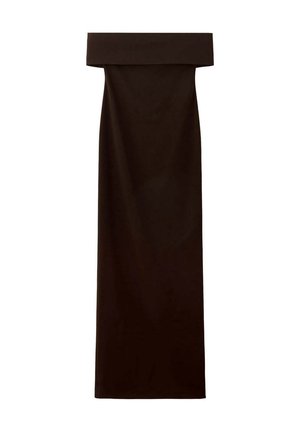 Vestido largo negro sin tirantes con un amplio escote doblado y silueta recta, presentado sobre un fondo blanco liso.