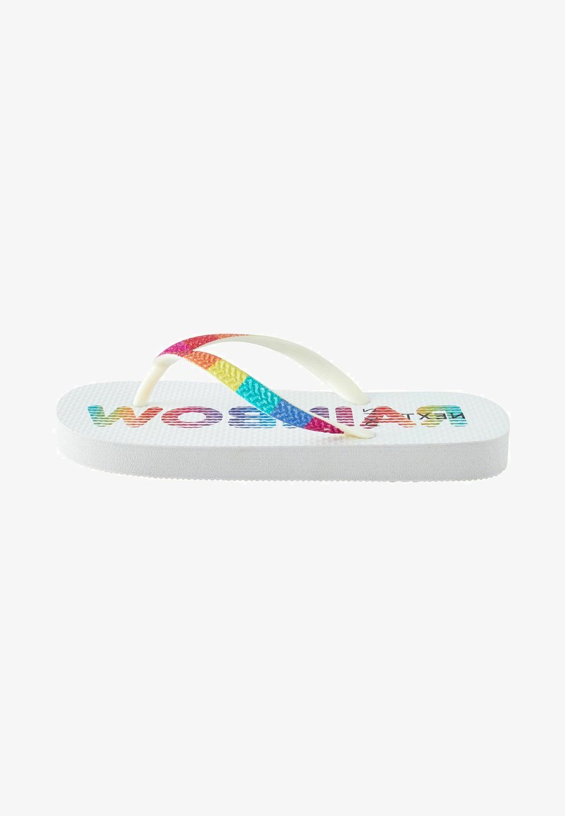 Weiße Flip-Flops mit einer strukturierten Sohle, weißen Riemen und einem bunten Regenbogenmuster oben, mit dem Wort "Regenbogen" in fetten Buchstaben.