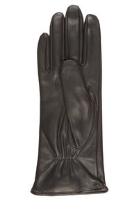 Schwarzer Lederhandschuh mit elegantem Design, der fünf Finger, ein leicht gerafftes Handgelenk und eine glatte Textur für einen engen Sitz aufweist.