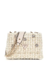 Tweed handbag in cream with silver embellishments. Features a gold chain strap, a leather accent, and a triangular logo plate on the front.