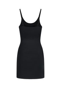 Abito aderente senza maniche di colore nero con spalline sottili regolabili su sfondo bianco semplice.