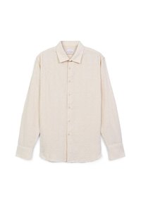 Camicia beige a maniche lunghe con bottoni, con un sottile motivo a trama, colletto classico e maniche con polsini, mostrata su sfondo bianco.