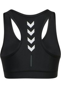 Svart sportbh med racingryggdesign, som har reflekterande vita chevrons längs mittbak och flatlocksöm för komfort.