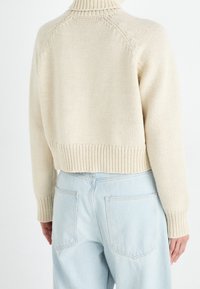 Cremfarbener gestrickter Pullover mit hohem Kragen, geripptem Saum und Raglanärmeln. Baumwollmischung mit strukturierter Oberfläche. Getragen über hellen Jeans.