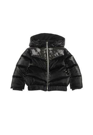 Giacca imbottita nera con cappuccio, cerniera frontale, orlo elastico e parte superiore del petto decorata con paillettes nere lucide.