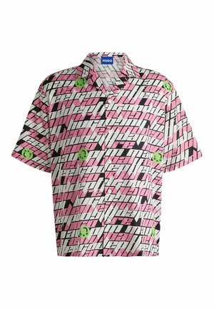 Short-sleeve shirt featuring a vibrant pink, black, and white geometric pattern with green accents. Made of lightweight fabric with a relaxed fit.