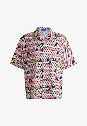 Short-sleeve shirt featuring a vibrant pink, black, and white geometric pattern with green accents. Made of lightweight fabric with a relaxed fit.