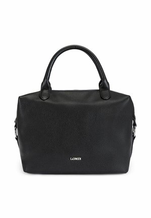 Sac à main en cuir noir texturé avec deux poignées arrondies et logo de marque argenté "L.CREDI" centré sur le devant.