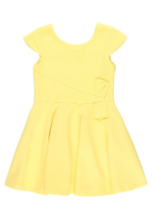 Yellow dress made of textured fabric, with short sleeves, a round neckline, and a flared skirt. Features a bow accent at the waist.