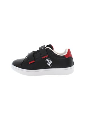 Sneaker in pelle nera con suola bianca, dettagli rossi e due bande in velcro. Presenta un grafiche logo sul lato e un collo della caviglia imbottito.