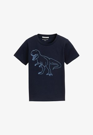 Navy bombažna majica s kratkimi rokavi, ki na sprednji strani prikazuje svetlo modro grafiko T. rexa. Klasičen kroj s krožnim izrezom. Mehak material.