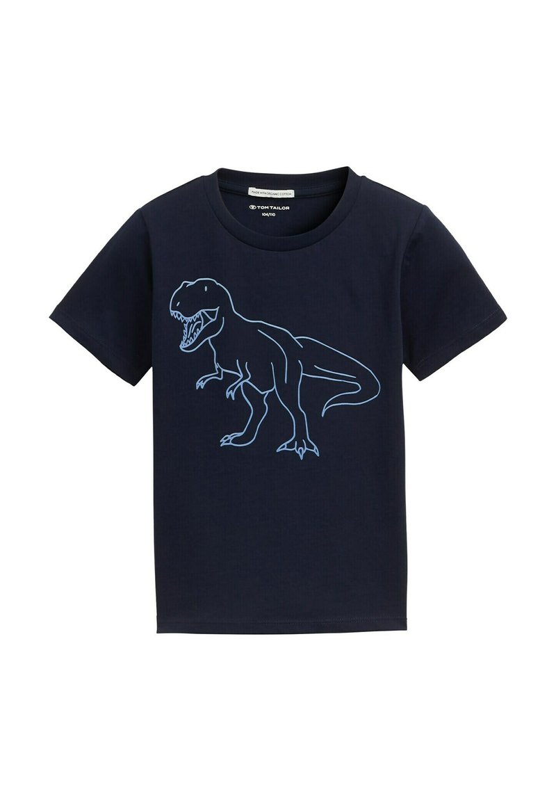 Meriharmaa puuvillainen t-paita, jossa on kevyen sininen T. rex -grafiikka edessä. Lyhyet hiharat ja klassinen pyöreä pääntie. Pehmeä tekstuuri.