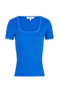 Top azzurro a maniche corte con righe, con scollatura quadrata, rifinito con un pizzo attorno al collo e alle maniche. Etichetta di taglia piccola attaccata.