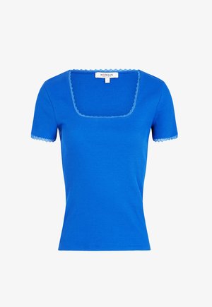 Niebieski prążkowany top z krótkim rękawem i kwadratowym dekoltem, ozdobiony koronkowym wykończeniem wokół dekoltu i rękawów. Przyłączona metka rozmiar S.