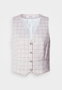 Vest gri deschis cu model în carouri roz, decolteu în V, închidere cu șase butoane argintii și două buzunare frontale. Fabricat dintr-un material texturat.