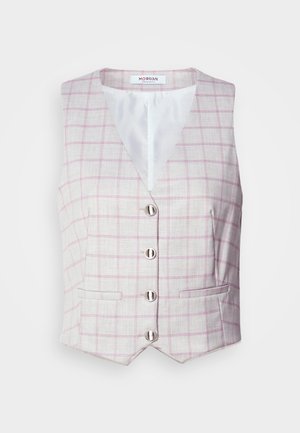 Light gray vest with pink grid pattern, v-neckline, six silver button closures, and two front pockets. Made from textured fabric.