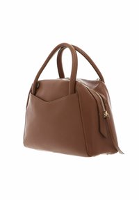 Sac à main en cuir marron avec un design structuré, doté de deux poignées courtes et d'une poche zippée sur le côté. Surface texturée et détails de couture subtils.