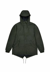 Parka de couleur vert foncé avec capuche, dotée de poches latérales, de poignets élastiques et d'un ourlet avec cordon de serrage. Un design simple et fonctionnel.