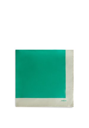 Foulard quadrato in seta con centro verde uniforme e ampia bordatura crema, con la scritta "MIRIADE" nell'angolo in basso a destra.