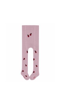 Różowe rajstopy o gładkiej fakturze, z wzorem małych czarnych i czerwonych biedronek równomiernie rozmieszczonych na tkaninie.
