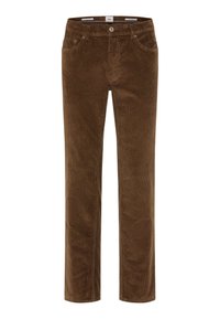 Pantaloni in corduroy marrone con un design a gamba dritta, dotati di tasche frontali, chiusura con bottone e texture a coste visibili.