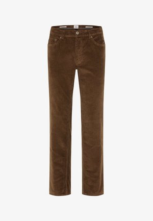 Pantalons en velours côtelé marron avec une coupe droite, dotés de poches avant, d'une fermeture à bouton et d'une texture côtelée visible.