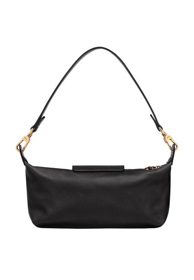 Black leather shoulder bag with a single strap and gold-tone clasps, featuring a minimalist rectangular shape and zipper closure.