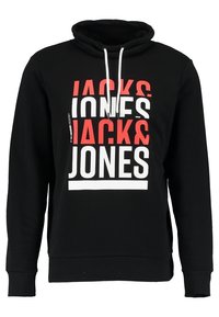 Felpa nera con collo alto, caratterizzata da un audace testo stampato in rosso e bianco "JACKS & JONES". Progettata con tasca a marsupio e cappuccio con coulisse.