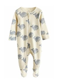 Cream onesie made of soft fabric, featuring a repeated grey rabbit pattern, full-zip front, and footed design. Long sleeves included.