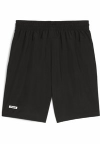 Czarne szorty sportowe z elastycznym paskiem w talii i dwiema bocznymi kieszeniami. Na dolnym lewym boku umieszczone jest małe białe logo "PUMA".