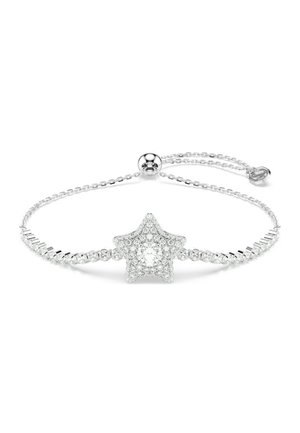 Silbernes verstellbares Kettenarmband mit einem sternförmigen Mittelstück, besetzt mit kleinen klaren Edelsteinen und einem zentralen größeren Edelstein.