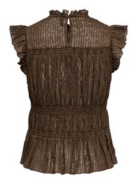 Haut marron sans manches avec col à volants, taille smockée et tissu en maille texturée sur toute la surface.