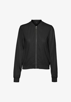 Zwarte bomberjack met een rits aan de voorkant, aansluitende manchetten en een tailleband. Gemaakt van gladde stof, met zijzakken en een geribbelde kraag.