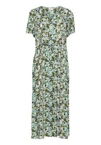 Blumenkleid mit kurzen Ärmeln, V-Ausschnitt und tailliertem Bund. Verfügt über ein Muster in Hellblau, Grün und Weiß auf einem fließenden Stoff.