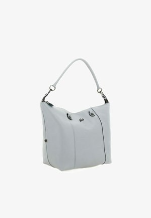 Borsa in pelle bianca con una singola tracolla curva, dettagli della chiusura neri e un piccolo logo in metallo del marchio al centro frontale.