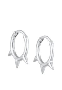 Sølv hoops øreringe med tre markante pigge på hver hoop, med en poleret overflade og en glat, cirkulær form.