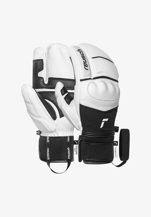 Guantes de portero blancos y negros con agarre texturizado, dedos acolchados, correas de soporte para la muñeca y un cierre de velcro seguro. Detalles de costura reforzada.