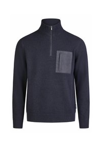 Navy pullover trui met een hoge kraag en een voorzak van contrasterende stof, textuur breiwerk, en geribbelde manchetten en onderrand.